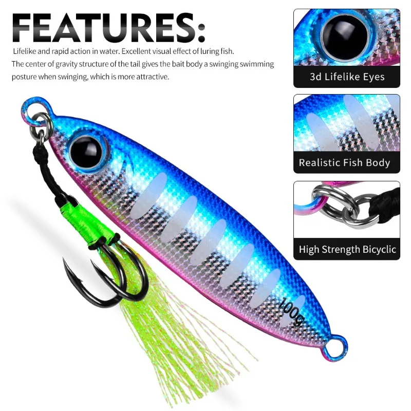 1 Stück 30g-100g Leuchtende Angelköder Metall-Angellöffel, Doppelhaken Slow Jigging Löffelköder Vertikaler Harter VIB Swimbait – Detail 3