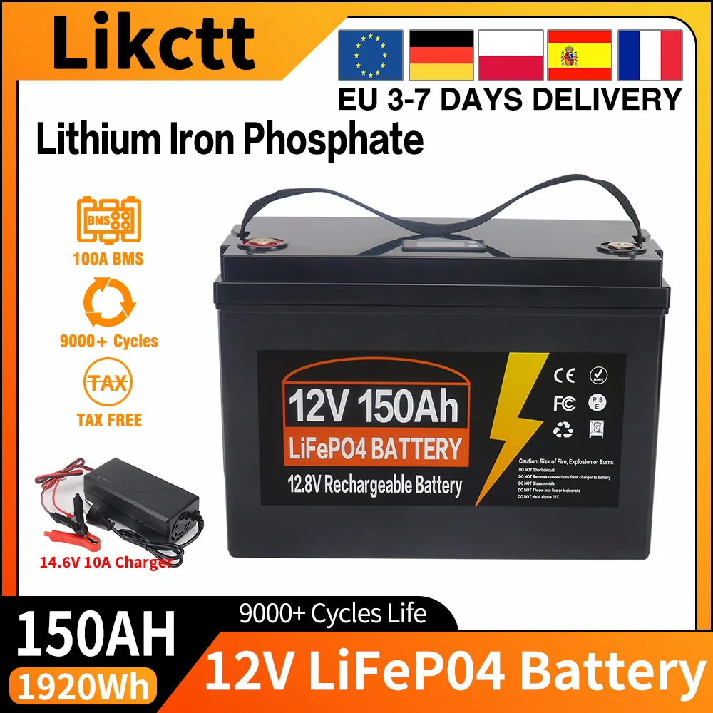 EU-voorraad: 12V 24V 150Ah 350Ah LiFePO4 lithium-ijzerfosfaatbatterij, met ingebouwde 100A BMS, 9000 cycli, IP65 en bescherming tegen lage temperaturen, perfect voor campers, off-grid systemen, boten