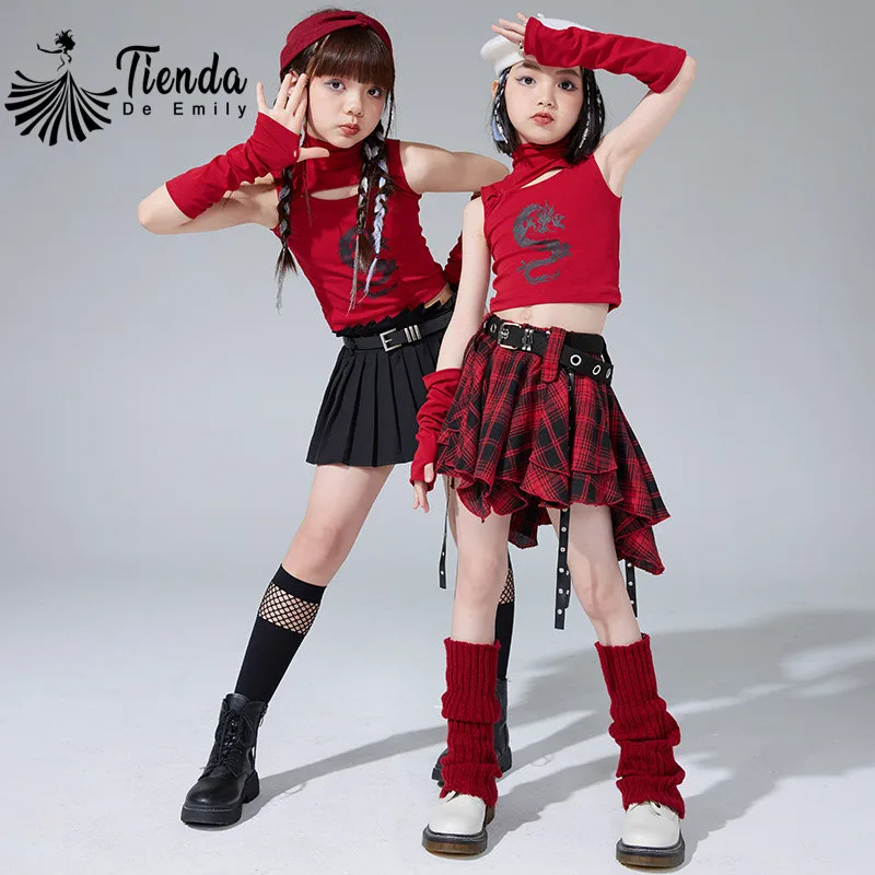 Girls' Hip Hop Dance Costumes Summer Outfit Dragon Print Crop Top Culottes Pantskirts Vest Belt Sock Active Kpop Stage 10 To 14