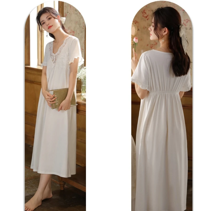 Short sleeved nightgown, women's cotton retro court style, lace princess sleepwear, soft V-neck, suitable for outdoor home wear, 2