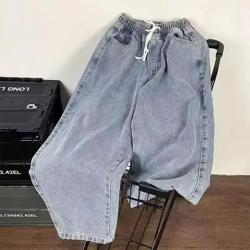 جديد 2025 جينز فضفاض للرجال على الطراز الكوري موضة فضفاضة مستقيمة بنطال ذو قصة أرجل واسعة ملابس رجالية ماركة أسود أزرق فاتح