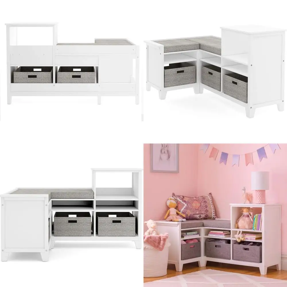 

Льняная белая деревянная скамья для хранения с подушкой и тканевыми корзинами для детской спальни или игровой комнаты