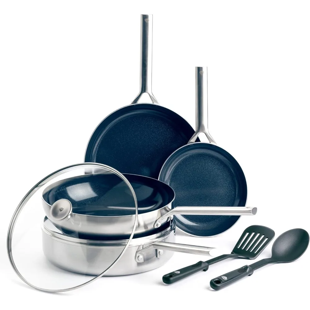 Blue Diamond Cookware Tri-Ply Stainless Steel Ceramic Nonstick, 7 Piece Cookware Pots and Pans Set, PFAS-Free, Multi Clad,