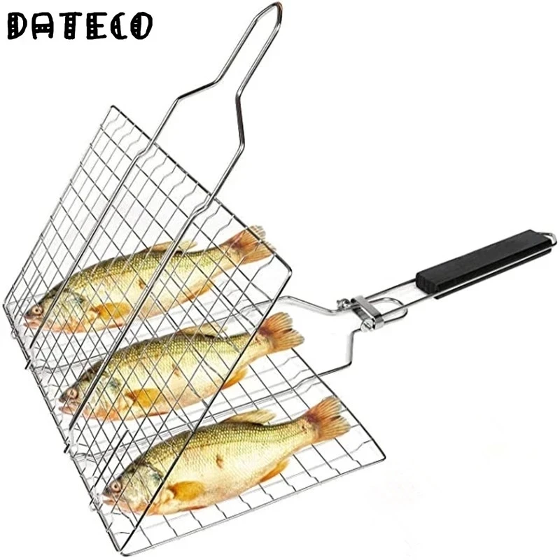 Barbecue Basket Stainless Steel Detachable Folding Square Grill For Roasting Fish Shrimp And Kabob Vegetables On The Stove