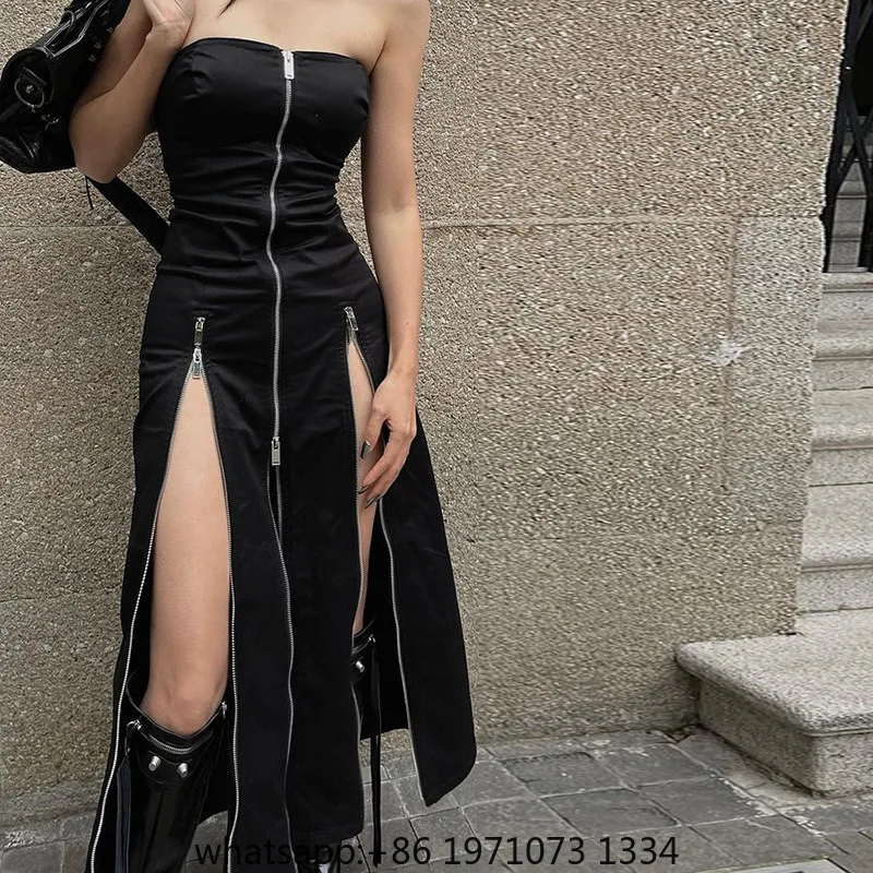 Goth Dark Techwear Fashion Zip Up Midi Dresses Cyber Y2k Mall Gothic Split Women Tube Dress Partywear Punk Off Shoulder Outfits
