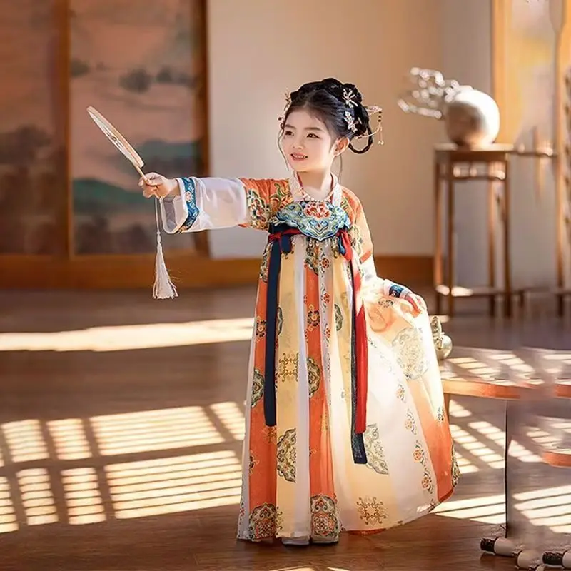 Новое китайское платье ханьфу в стиле ретро с имитацией династии Тан для девочек