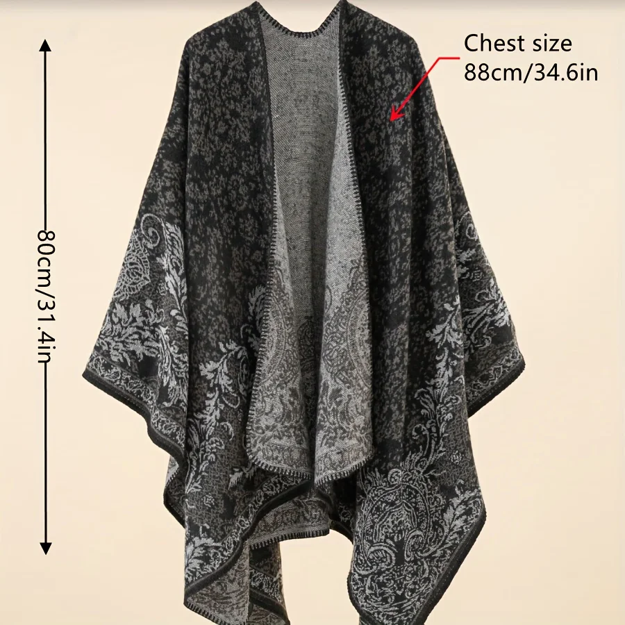 Imitation Cashmere Shawl Print Warm Long Shawl Casual Blanket Open Front Poncho Cape Oversized Cardigan Wrap