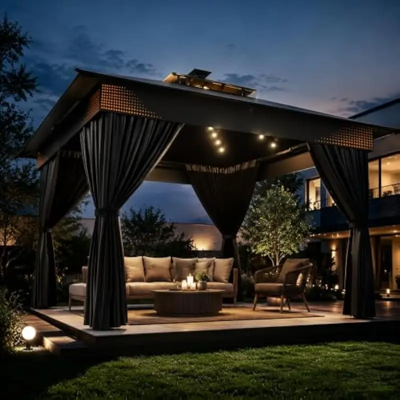 10x10 ft modern square gazebo with dual-tier UV-resistant polyester roof, alloy steel frame, integrated solar-powered LED lighti