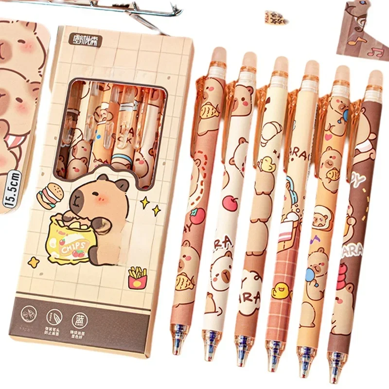 

6 шт., стираемая ручка с милой капибарой, гладкие быстросохнущие ручки с синими чернилами, школьные и офисные аксессуары, канцелярские принадлежности для студентов, подарок для детей