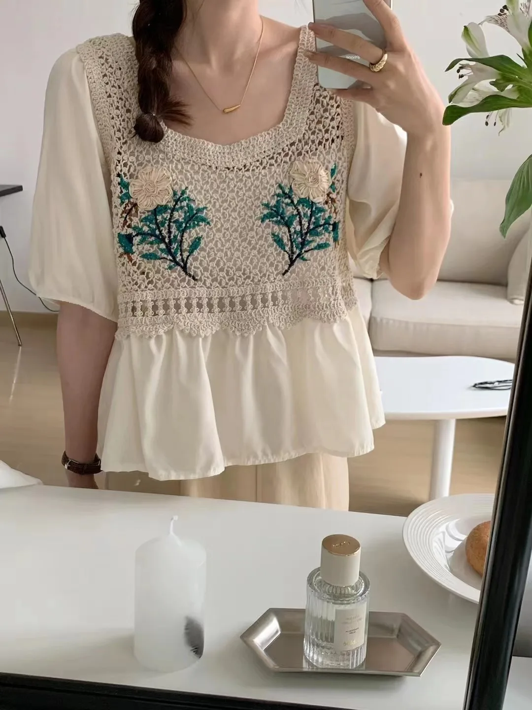 Women Blouse Crochet Knit Square Neck Half Sleeve Floral Embroidery Babydoll Tops Summer Teen-girls Fairycore Cottagecore Outfit