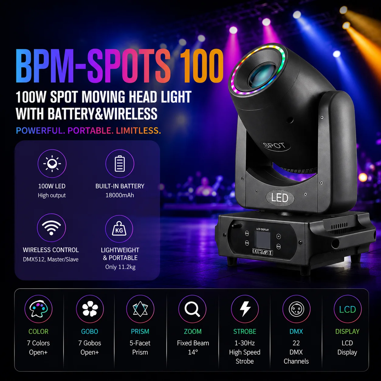2pcs Battery Powered & Wireless DMX 100W Spot Moving Head Light BPM-Spots 100 DJ Wedding Stage Light
