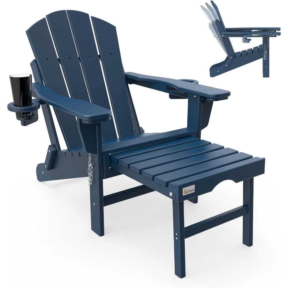 

3-Level Adjustable Adirondack Chair with Retractable Ottoman, HDPE All-Weather Folding Fire Pit Chair with 2 Cup Holders,