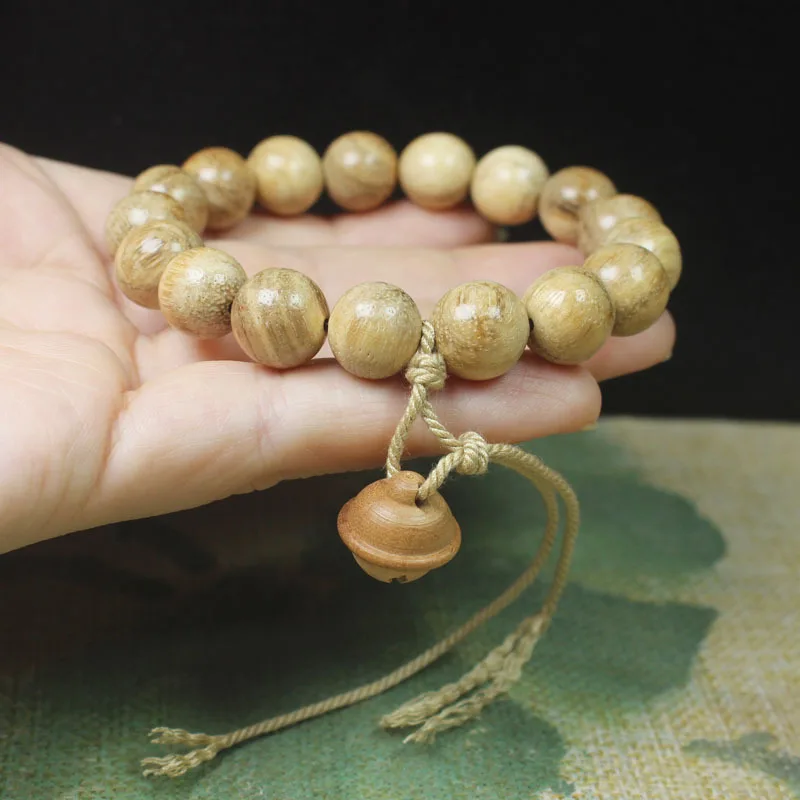 12mm Milk Fragrance Wood Single Circle Bracelet with Wooden Bell Minimalist Buddhist Bead Bracelet for Women Gifts