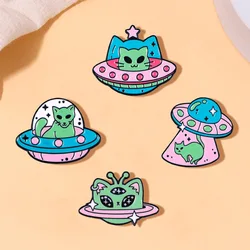 4pcs Cute Cartoon Alien Green Cat Enamel Brooch Creative Outer Space UFO Lapel Pin Badge Backpack Clothing Hat Accessories