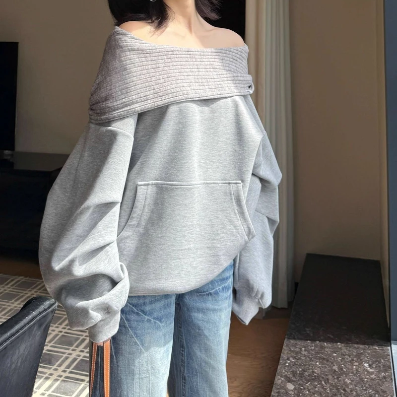 Gray Off-the-shoulder Sweater Slanted Shoulder Early Autumn Casual Versatile Temperament Loose and Thin Off-the-shoulder Top