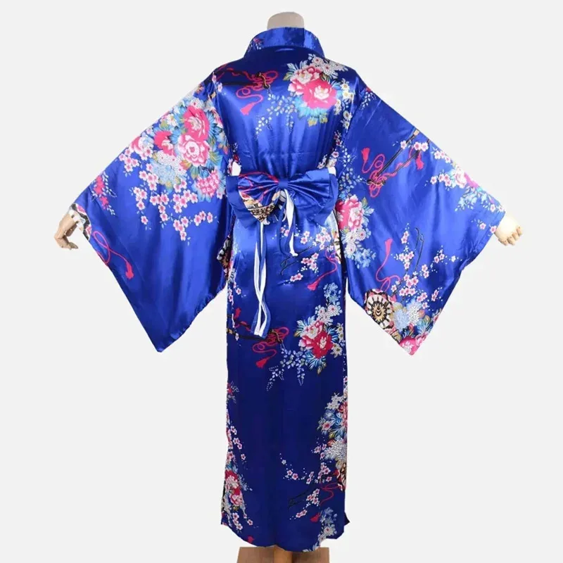 Women's Kimono Costume Adult Japanese Geisha Yukata Sweet Floral Patten Gown Blossom Satin Bathrobe Sleepwear with OBI Belt F