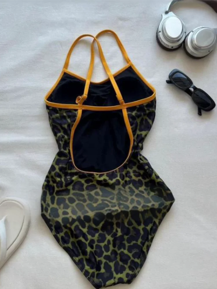 Fato de banho feminino feminino de corrida de uma peça com estampa de leopardo, estilo harajuku, estilo feminino, feminino, feminino, roupa de banho de uma peça