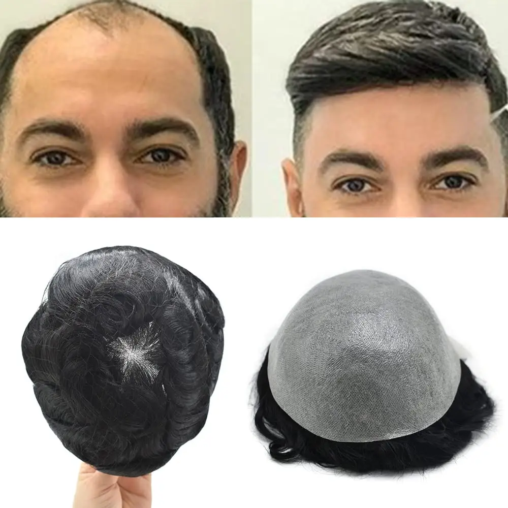 

100% Human Hair Men's Toupee Skin Polyurethane PU Base Hair System Undetectable Can Be Parted Anywhere Durable & Long Lasting