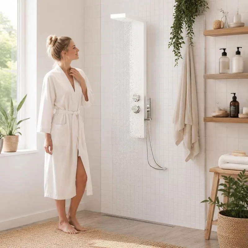 Système de douche en aluminium blanc de haute qualité, design minimaliste aux lignes épurées avec montage mural simple, protection efficace contre les éclaboussures, idéal pour les salles de bain de style contemporain.