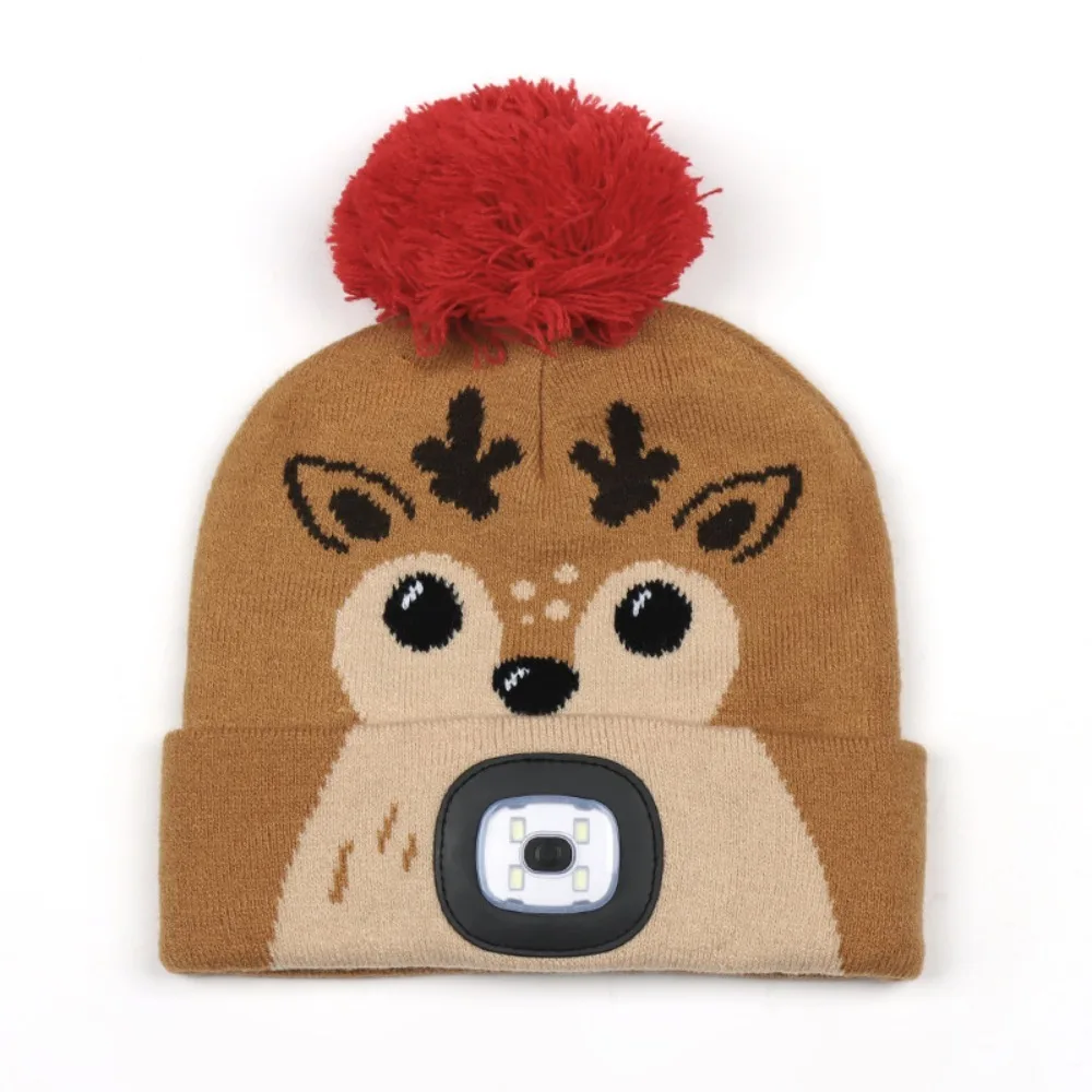 

USB Rechargeable LED Light-up Knitted Hat Winter Warm Cartoon Headlamp Cap Detachable Luminescent Design LED Beanie with Light