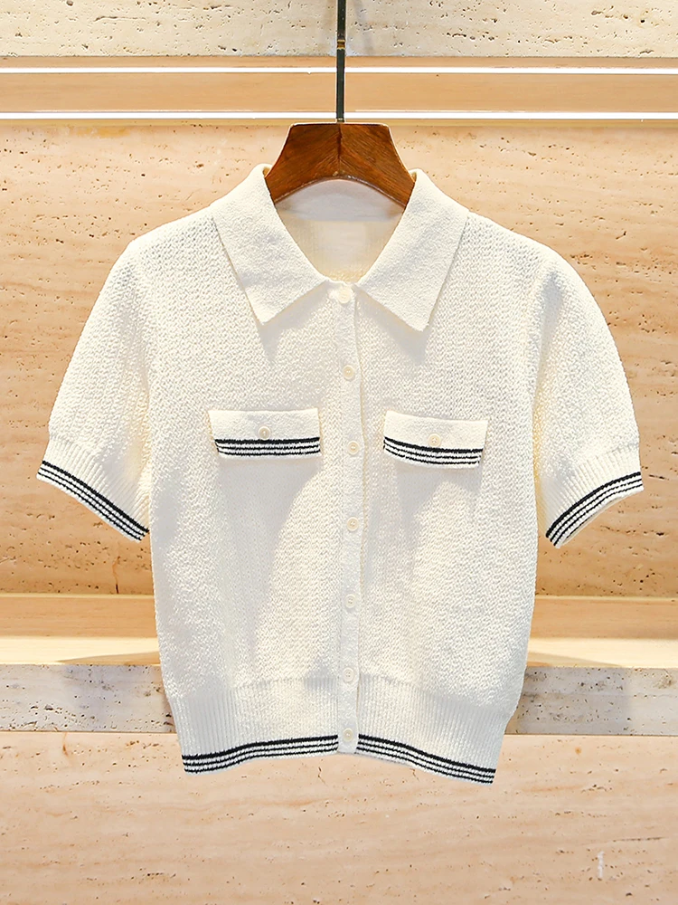 

Ele Knitted Cardigan Women's Top Turn-down Collar ort Sve Spring Faion Commute Sle Regular Fit Single Piece