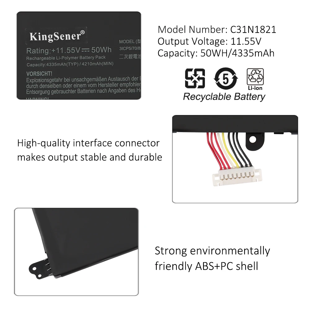 KingSener C31N1821 Laptop Battery For ASUS ZenBook S13 UX392 UX392FA UX392FN UX392FN-XS71 0B200-03210100 11.55V 50WH