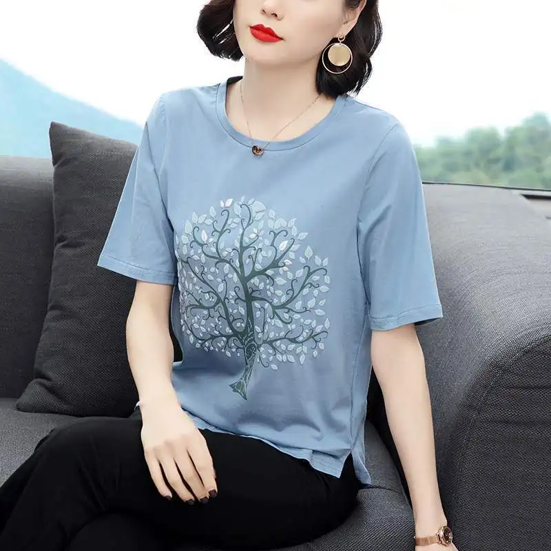 

Summer New Minimalist Commute Women's Round Neck Solid Color Printed Geometric Split Loose All-match Short Sleeve T-shirts Tops