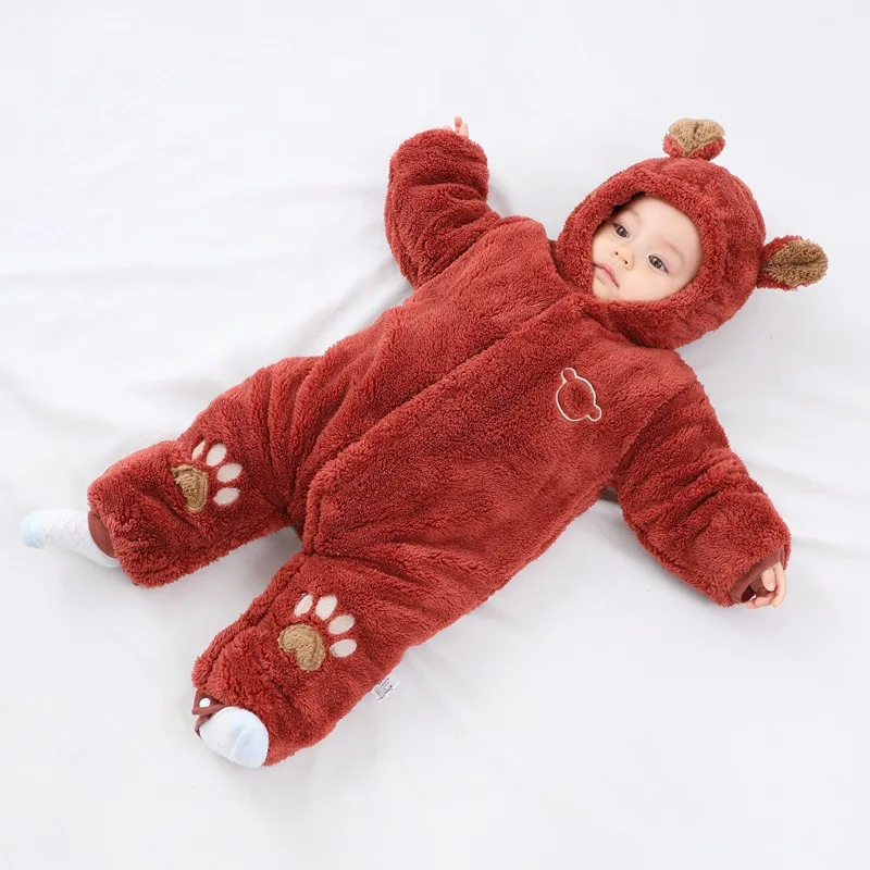 0-18M Newborn Thicken Baby Romper Girl Jumpsuit Warm Ear Hooded Children Clothing Kid Infant Playsuit Winter Outerwear A710