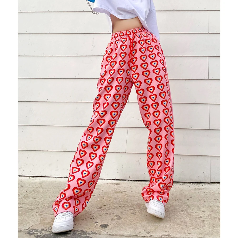 Missnight Pink Pants Heart Printed Straight Elastic High Waist Pants Drawstring Fashion Pants Streetwear Vintage 2023 Harajuku