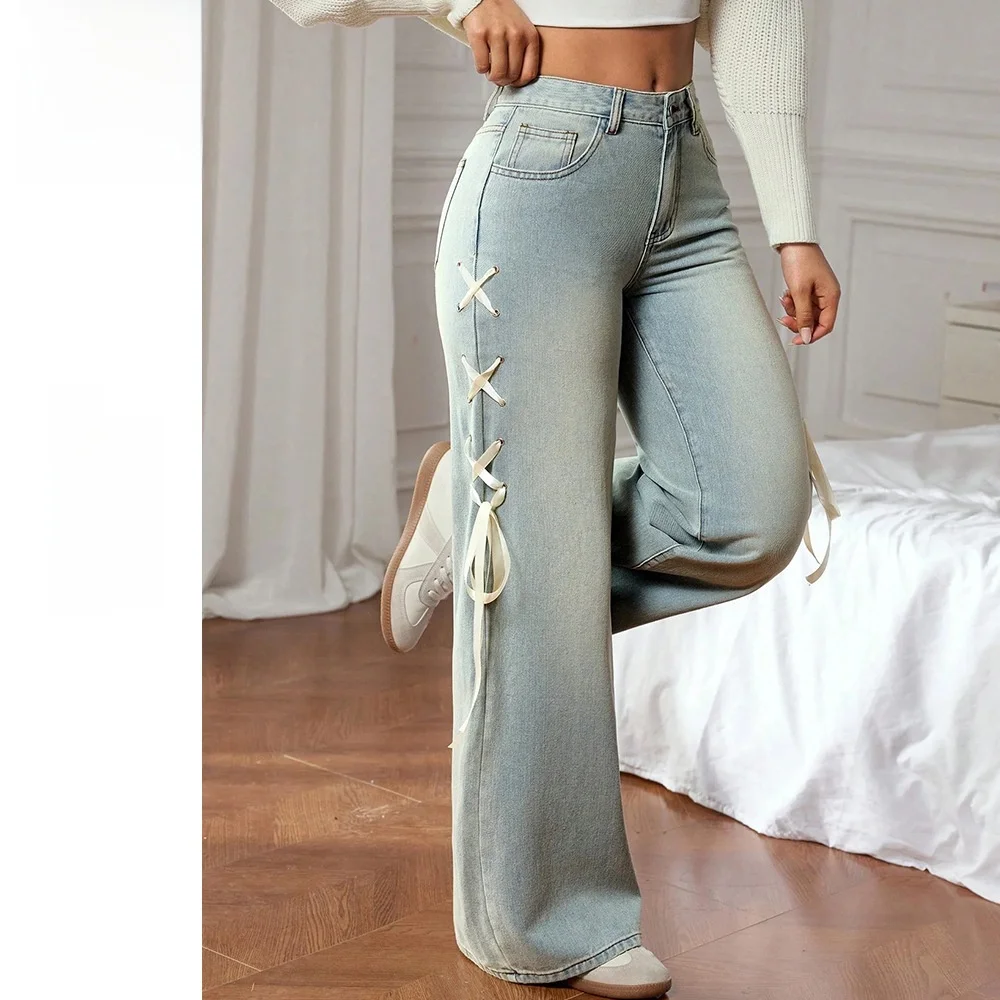 

Val Casual High Waist Wide Leg Jeans Loose Fit Denim with Size Label Ladies High Waist Bootcut Trousers Deep Blue Jeans