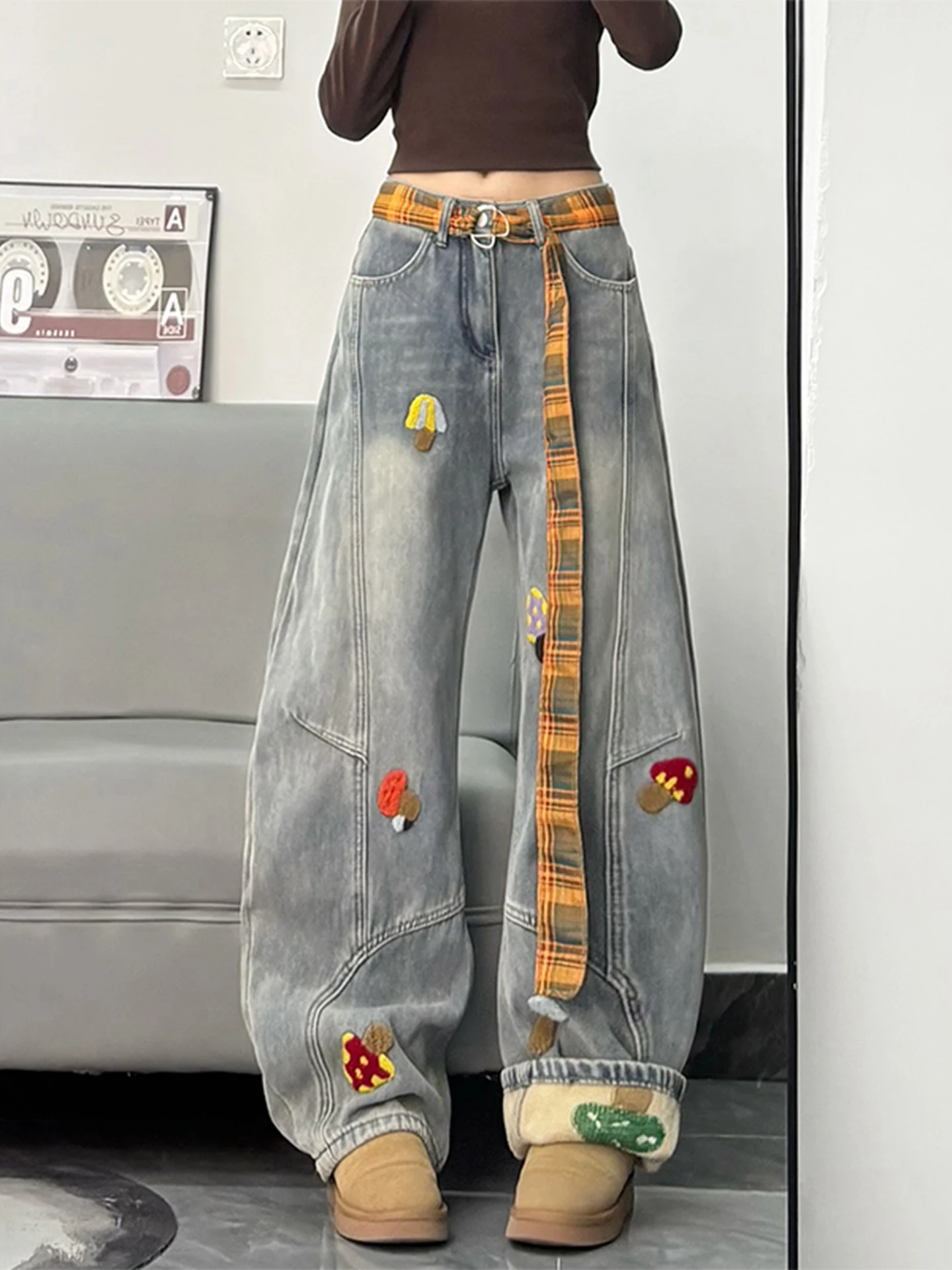 

Cartoon Thickened Fleece Towel Embroidered Loose Wide Leg Jeans High Waist Casual Blue Denim Pants for Women Winter New Style