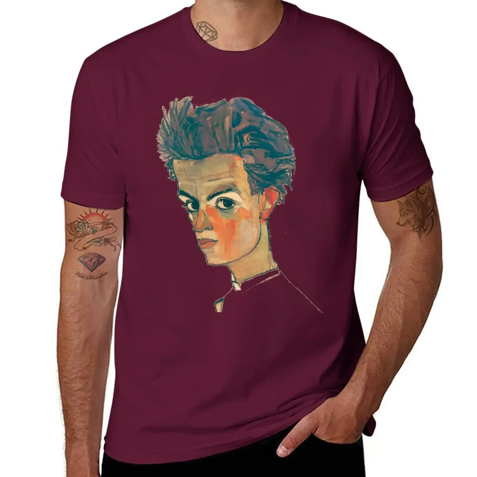 EGON SCHIELE - Self Portrait With Striped Shirt T-Shirt summer top customs tops Short sleeve tee men