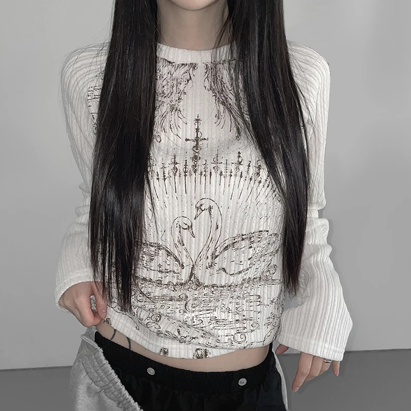 

Women's Grey Gothic Graffiti Print T-shirt Harajuku Korean Y2k 90s Vintage Long Sleeve Emo Torn T-shirts Clothes 2000s Summer