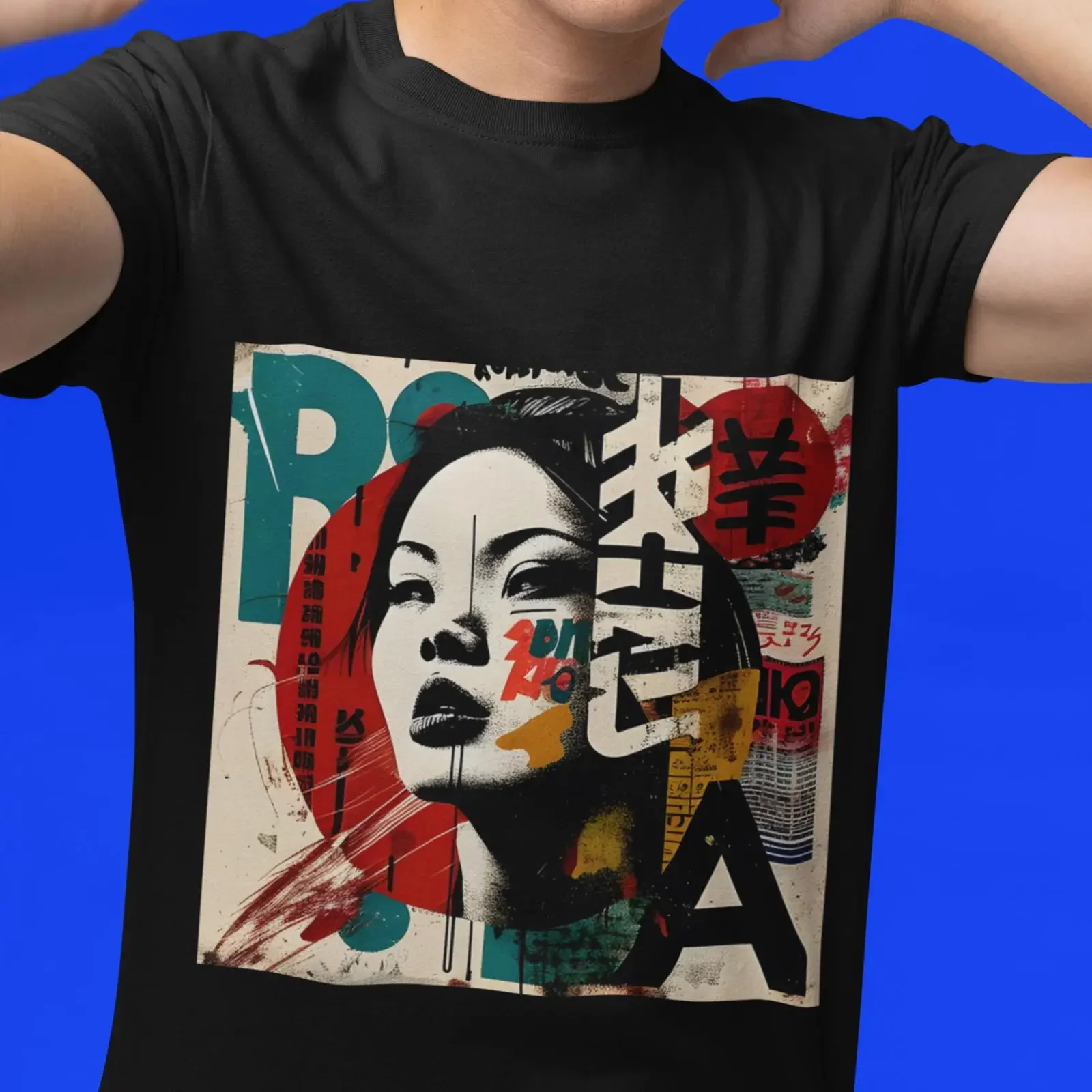 Asian Pop Art Portrait T Shirt Retro Typography Collage  vintage Washed streetwear fashion graphic Soft homme Breathable