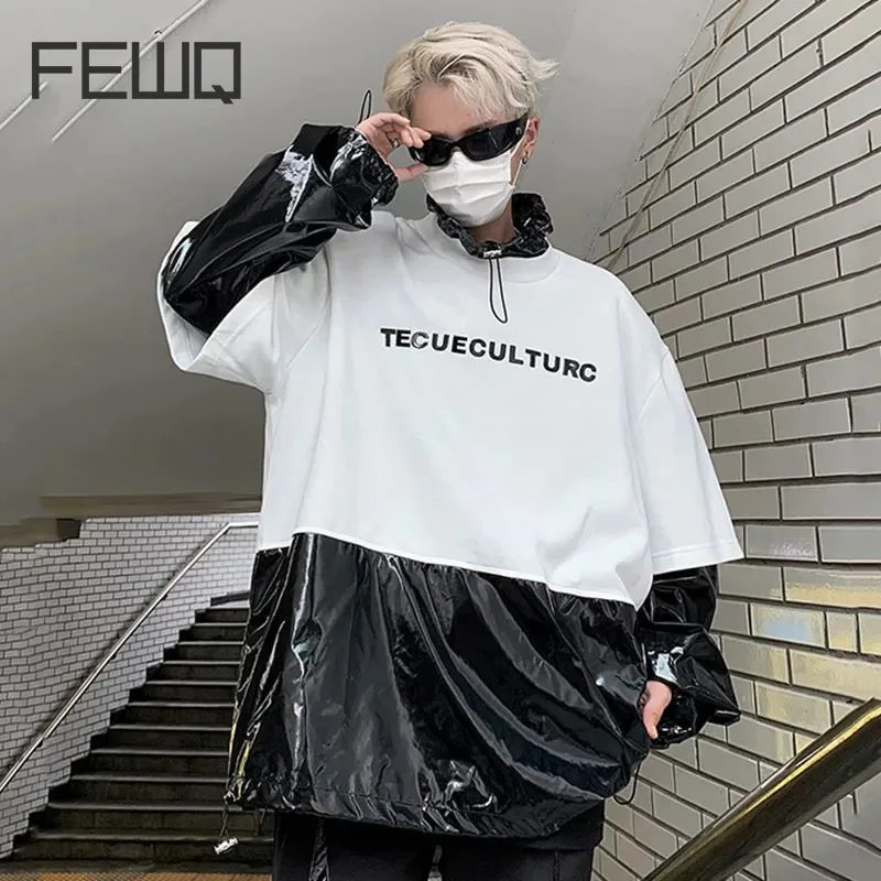 FEWQ Men's Sweatshirt Autumn Spliced High Neck 2023  Contrast Color PU Leather Patchwork Design Streetwear Male Tops 24X2060