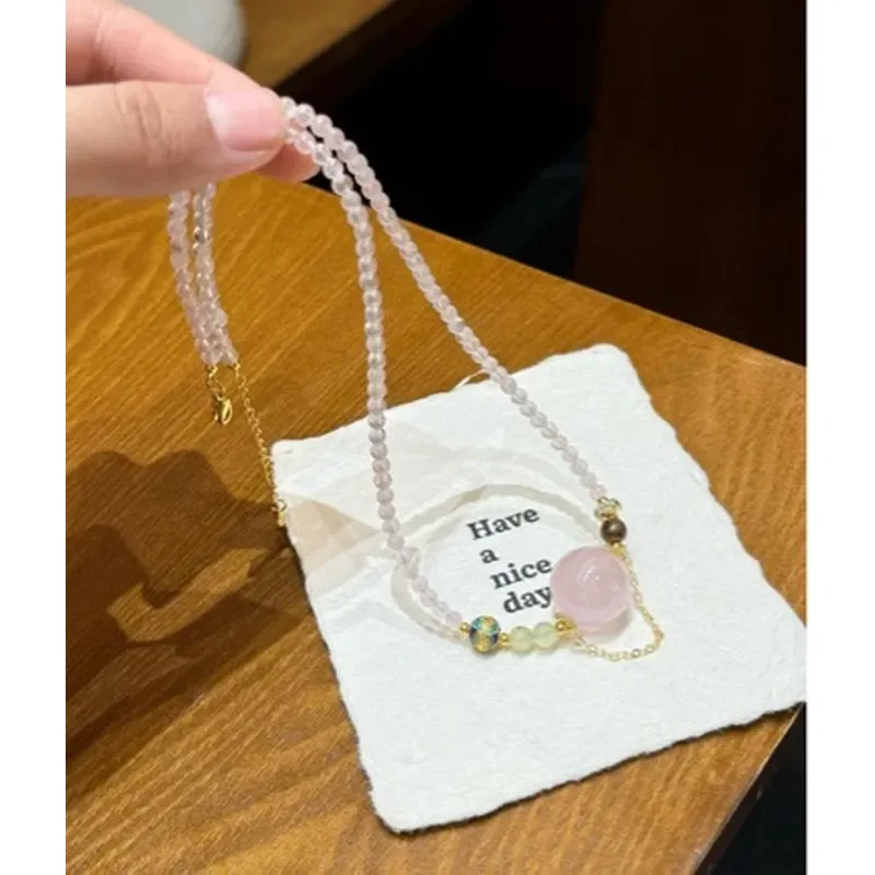 Natural powder crystal peach pendant necklace female gentle girlfriend gift large particle powder crystal collarbone chain