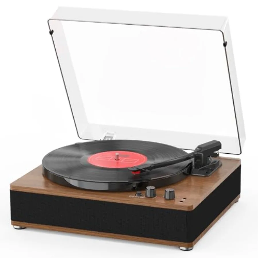 Vintage Record Player with Bluetooth Walnut Case Built-in Stereo Speakers 3-Speed Turntable RCA/AUX/Headphone Out Auto Off for