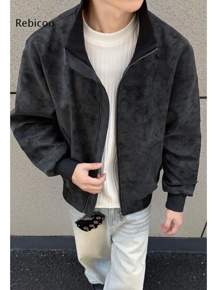Vintage Washed Texture Zip Up Bomber Outerwear For Men Stand Collar Rib Cuff Jacket For Street Style And All Season Dressing