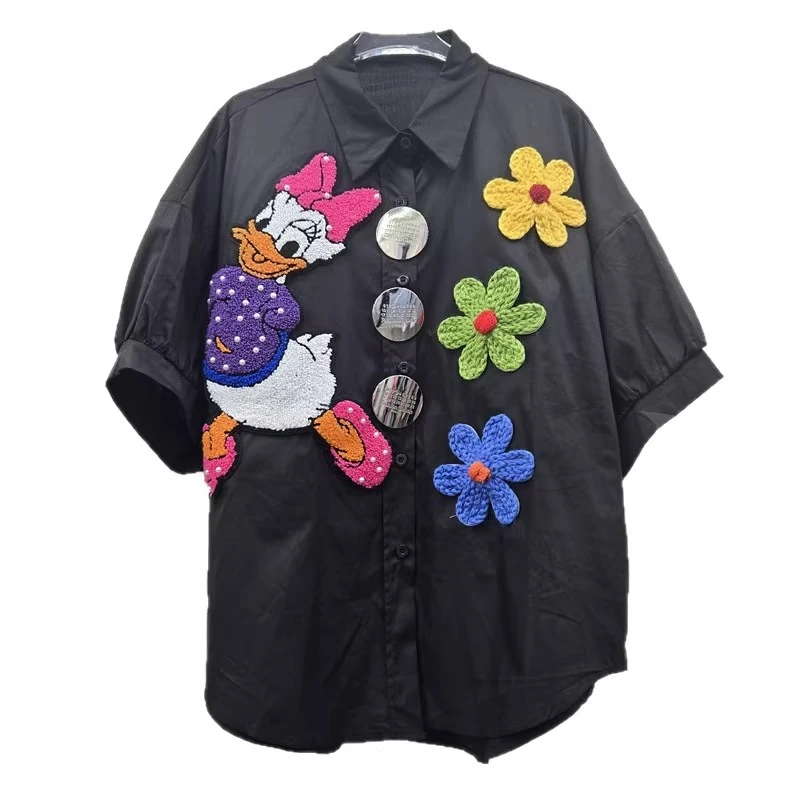 European Style 2025 Summer New Top Shirt Heavy Industry Splicing Wool Flower Cartoon Pattern Loose And Versatile Blouse De Mujer