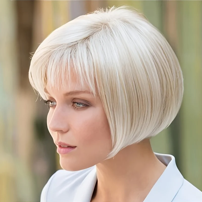 Elegant Pixie Short Straight Hair Wig for Women - Full Head White Synthetic Wig, Student Hairstyle, Heat-Resistant for Summer