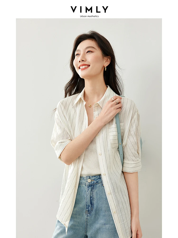 Vimly Striped Polo Collar Casual Button Up Blouse 2024 Summer New Simple Loose Short Sleeve Shirts Tops Female Clothes M6721