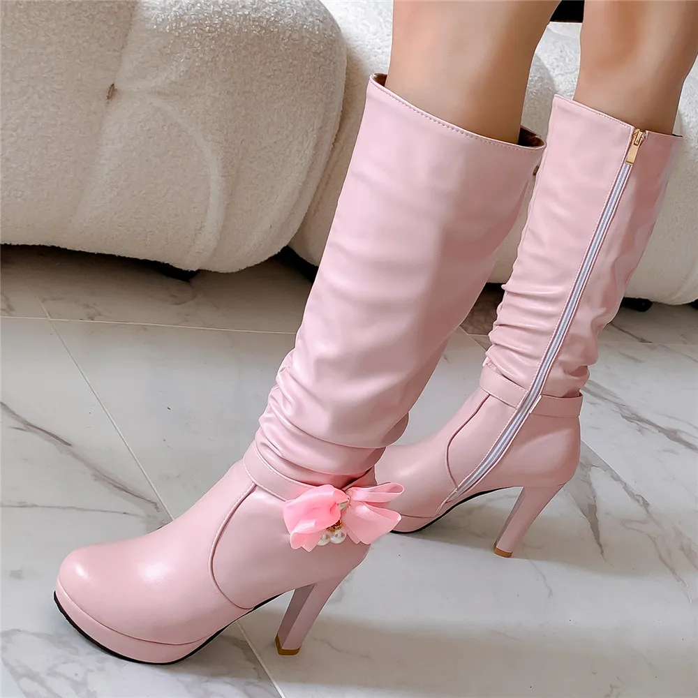 2024 Autumn Winter Zipper Knee High Boots Women Fashion Pink White Stiletto Bow Heel Long Boots Woman Platform Boats Mujer 32-43