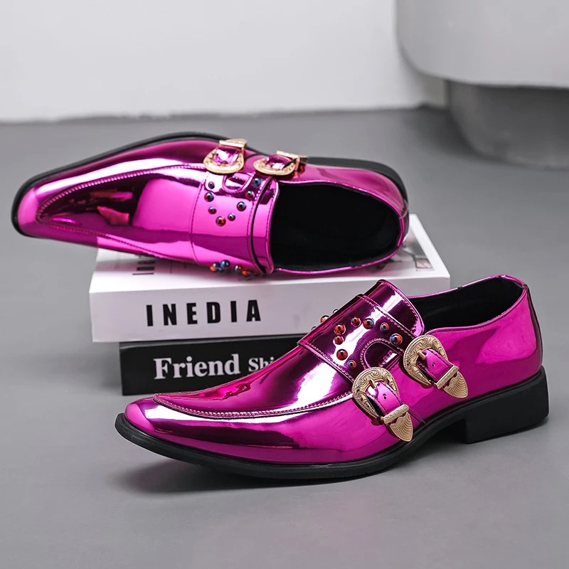 أحذية تشيلسي للرجال PU مدببة برشام مزدوج مشبك المتسكعون الإنجليزية السادة مأدبة ملهى ليلي مصفف الشعر الأحذية #2