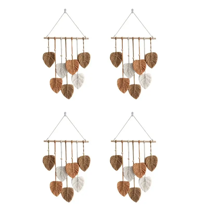 ABFU-4X Leaf Macrame Wall Hanging Boho Room Home Decor Woven Aesthetic Wall Tapestry Home Room Wedding Decoration Khaki