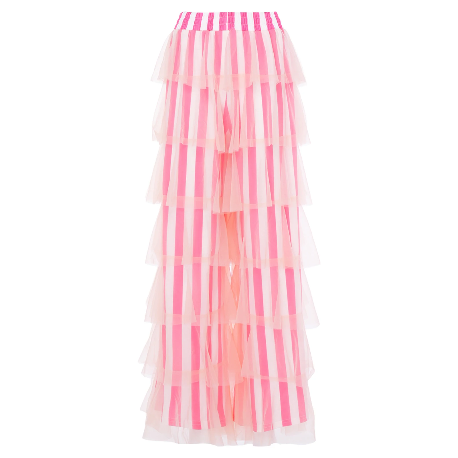Womens Stripe Print Tulle Layers Wide Leg Pants Y2K Vintage Retro Party Streetwear Tiered Elastic High Waist Long Pants Trousers