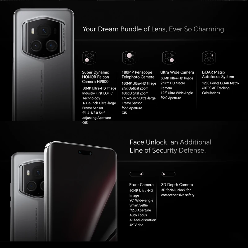 Versione globale Honor Magic 6 RSR Porsche Design 24GB 1TB Telefono 180MP Fotocamera Snapdragon 8 Gen3 6.8'' OLED 5600 mAh 66W Wireless