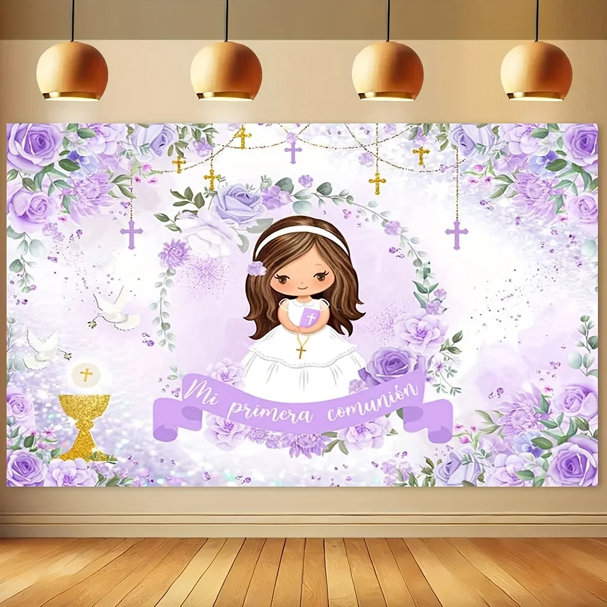 خلفية بركة الله: معمودية التواصل للفتيات Miprimera، زهور أرجوانية، خلفية لافتة نعمة الله