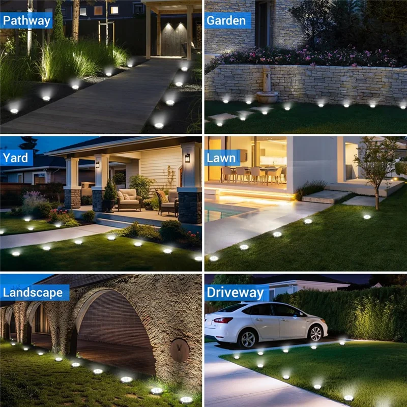 

A84E-Solar Ground Lights 8-Pack, Cool White LED Disc Lights, IP65 Waterproof,Anti-Rust For Outdoor Landscaping