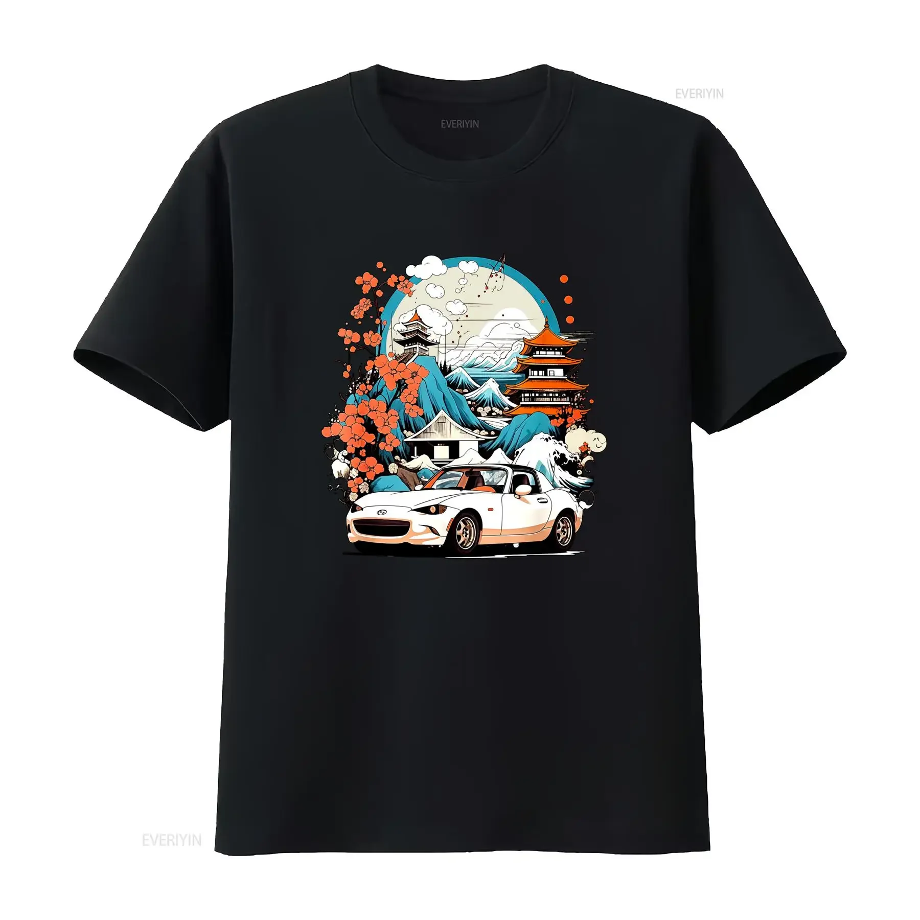 Camiseta para hombre entusiasta de coches JDM con diseño pagoda y flor cerezo japonés blanca MX 5 casual cuello redondo