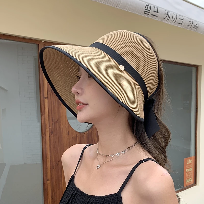 Luna&Dolphin Women Handmade Summer Sun Hat Big Black Bow Large Eaves Beach Straw Nature Cap Temperament Flat Collapsible